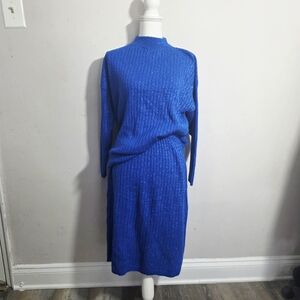 Elegant Vintage Blue Mock Neck Knit Skirt Set Sparkle Detail